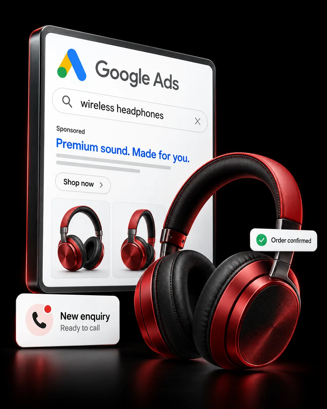 A Google Ads search campaign for a premium headphone brand, with a new enquiry arriving on the phone