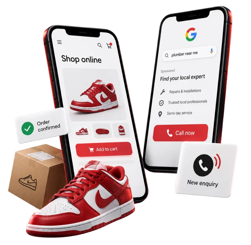 Two phones side by side: a Google Shopping ad for sneakers, and a lead enquiry for a home service