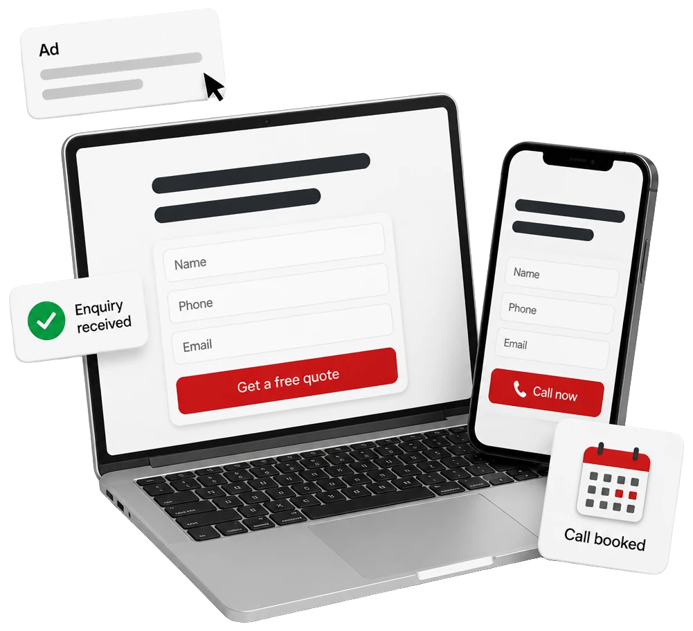 A campaign landing page on a laptop and a phone, each with a short enquiry form and one red call to action, between an ad being clicked, an enquiry received and a call booked