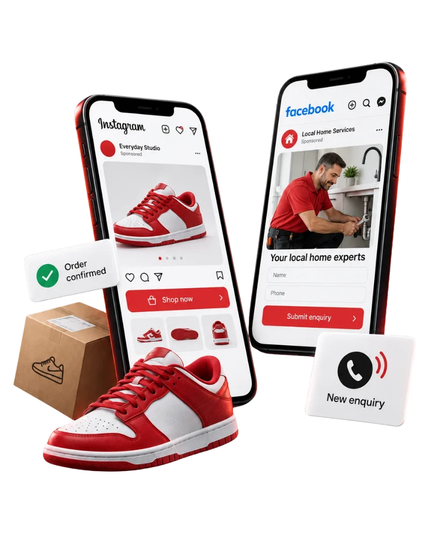 Instagram and Facebook ads on two phones: a sneaker catalogue ad and a service enquiry