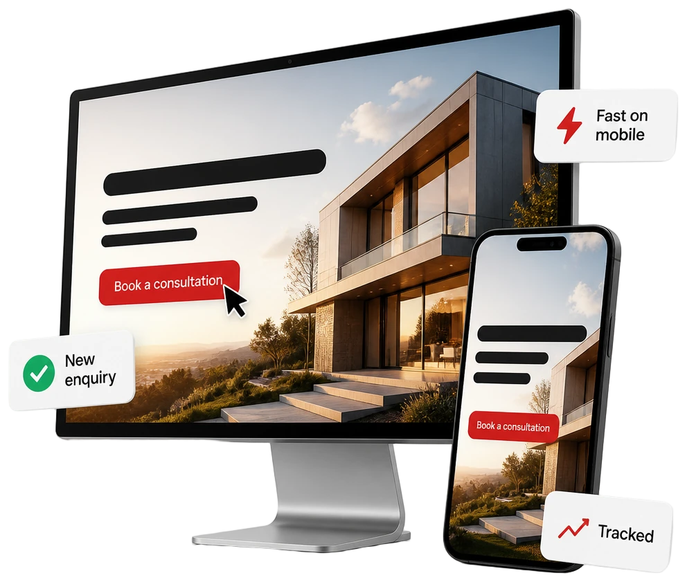 A website on a desktop screen and a phone, a modern home at golden hour behind one red Book a consultation button being clicked, with a new enquiry, fast on mobile and tracked beside it