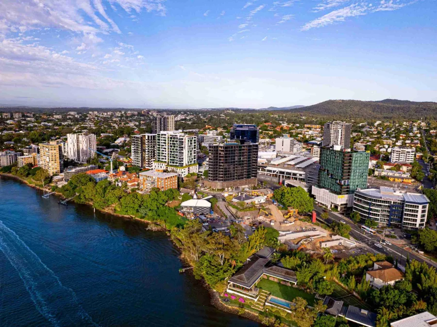 An aerial view of The Patterson beside the river