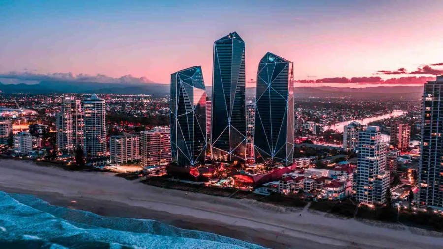 Multiplex's The Jewel towers on the Surfers Paradise beachfront at dusk